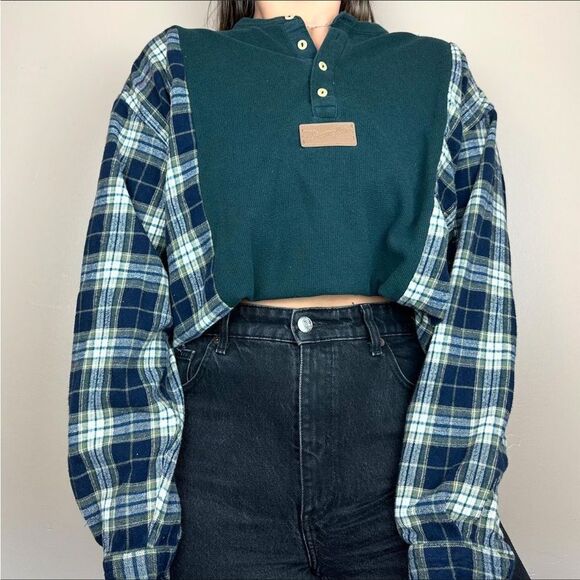 Wrangler Reworked Western Green Long Sleeve Warm Baggy Relaxed Fit Flannel Shirt - Picture 2 of 4